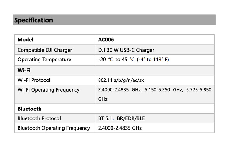 DJI Osmo Action 6 specifications according to FCC documents