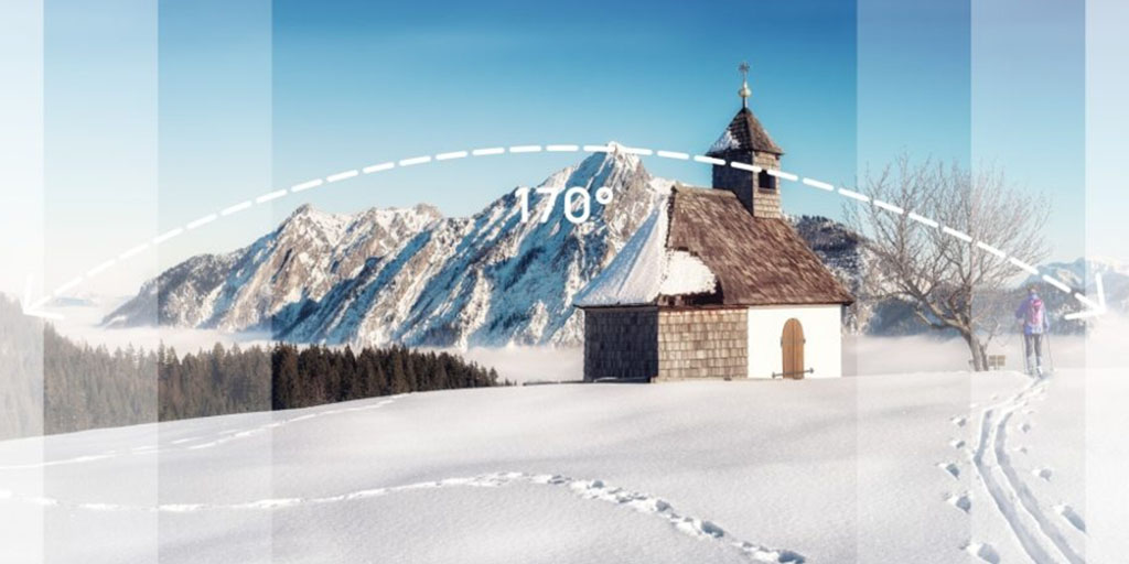 An illustration of a wide 170° field of view. Ultra-wide lenses capture a broad panorama (nearly everything in front of the camera), which is great for immersive POV shots. However, straight lines near the edges appear curved due to fisheye lens distortion.